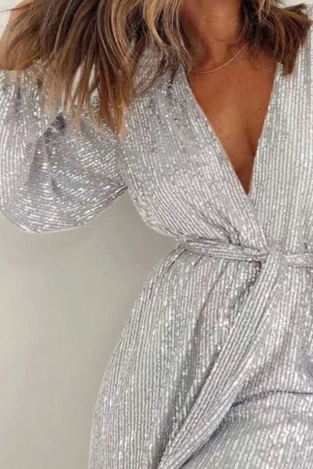 Full Size Sequin Surplice Tie Waist Long Sleeve Romper www.nizzadesign.com