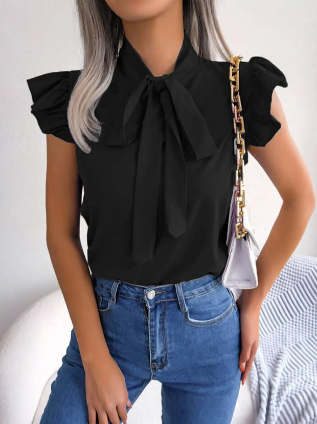 Ruffle Cap Sleeve Bow Tie Blouse Black www.nizzadesign.com