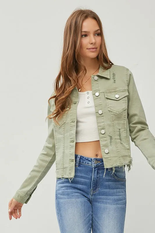 RISEN Full Size Raw Hem Button Up Cropped Denim Jacket Plus Size Sage www.nizzadesign.com
