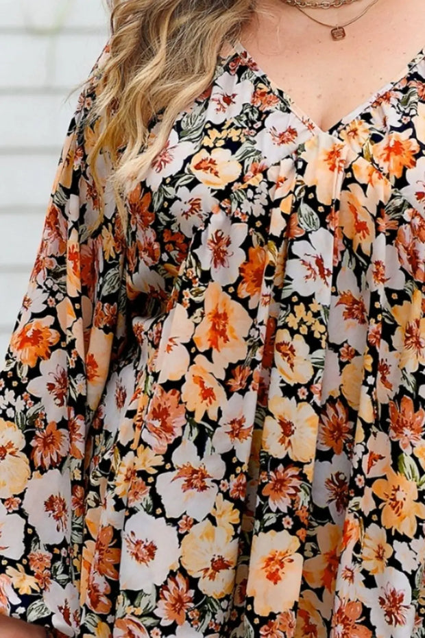 Plus Size Floral V-Neck Balloon Sleeve Blouse www.nizzadesign.com