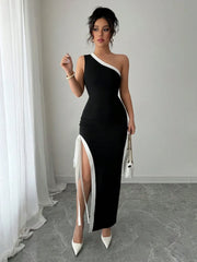 Slit Contrast Trim One-Shoulder Dress www.nizzadesign.com
