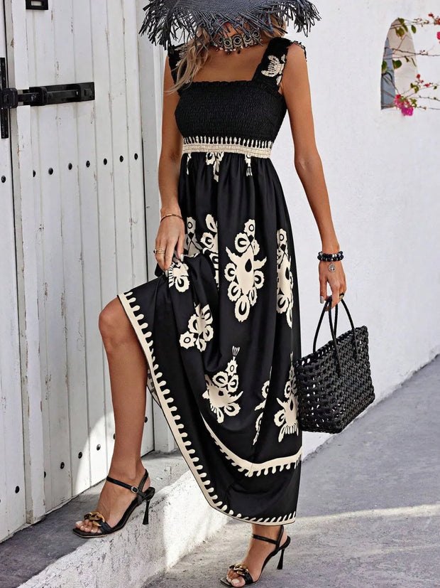 Smocked Printed Wide Strap Maxi Dress www.nizzadesign.com
