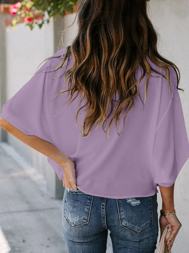 Full Size Ruched Three-Quarter Sleeve Blouse Plus Size www.nizzadesign.com