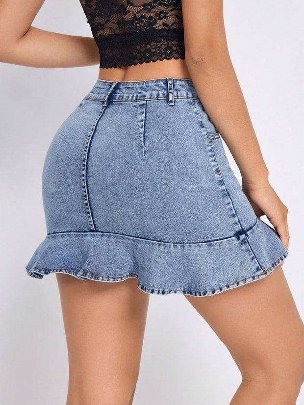 Ruffled Hem Denim Mini Skirt www.nizzadesign.com