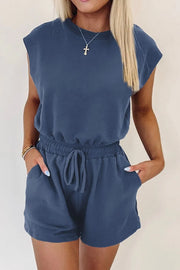 Round Neck Drawstring Waist Romper Dusty Blue www.nizzadesign.com