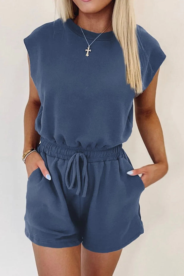Round Neck Drawstring Waist Romper Dusty Blue www.nizzadesign.com