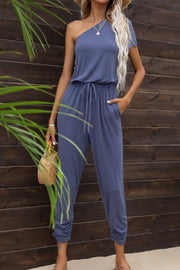 Drawstring Waist One-Shoulder Jumpsuit with Pockets Periwinkle www.nizzadesign.com