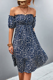 Ditsy Floral Smocked Frill Trim Off-Shoulder Dress Dark Blue www.nizzadesign.com