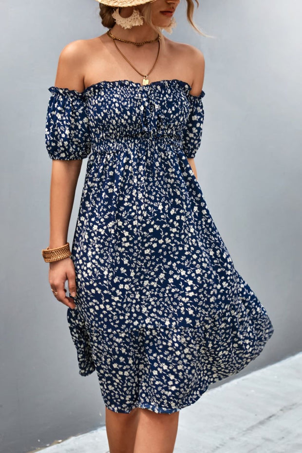Ditsy Floral Smocked Frill Trim Off-Shoulder Dress Dark Blue www.nizzadesign.com