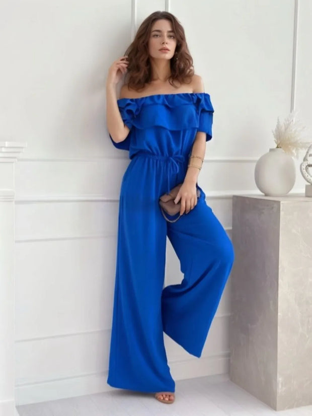 Ruffled Off-Shoulder Wide Leg Jumpsuit www.nizzadesign.com