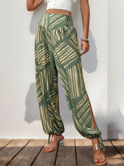 Perfee Smocked Slit Printed High Waist Pants www.nizzadesign.com