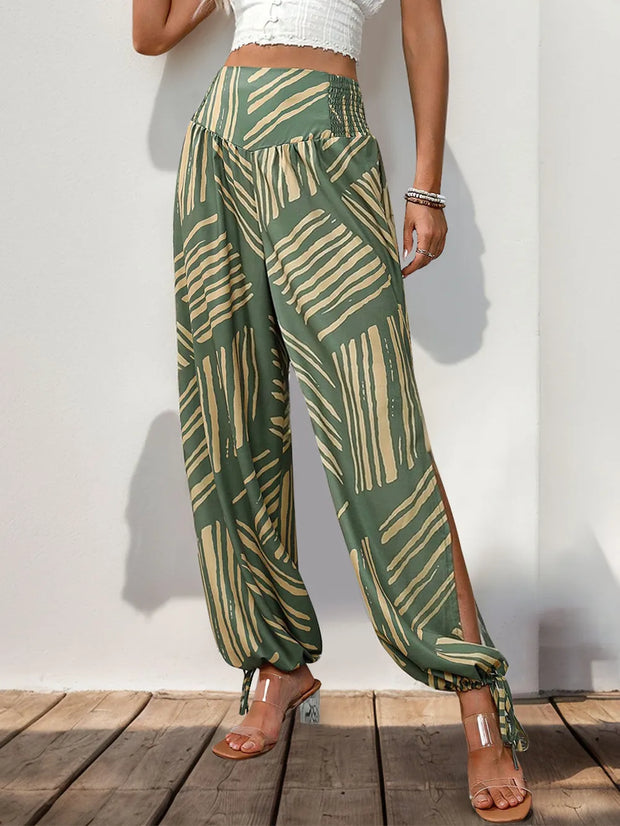 Perfee Smocked Slit Printed High Waist Pants www.nizzadesign.com