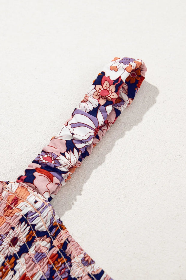 Floral Print Smocked High Waist Square Neck Jumpsuit www.nizzadesign.com