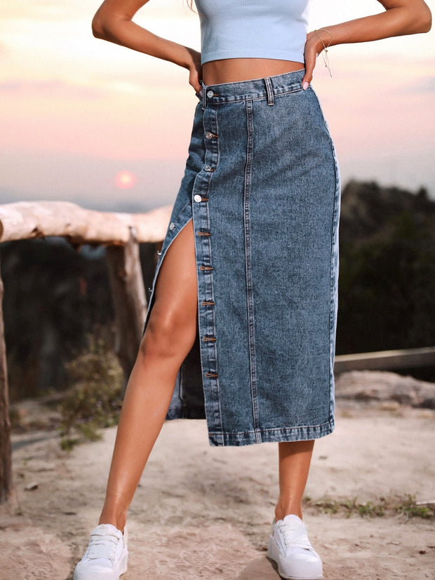 Button Down Denim Skirt Navy www.nizzadesign.com
