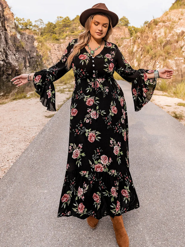 Plus Size Floral Flare Sleeve Dress www.nizzadesign.com