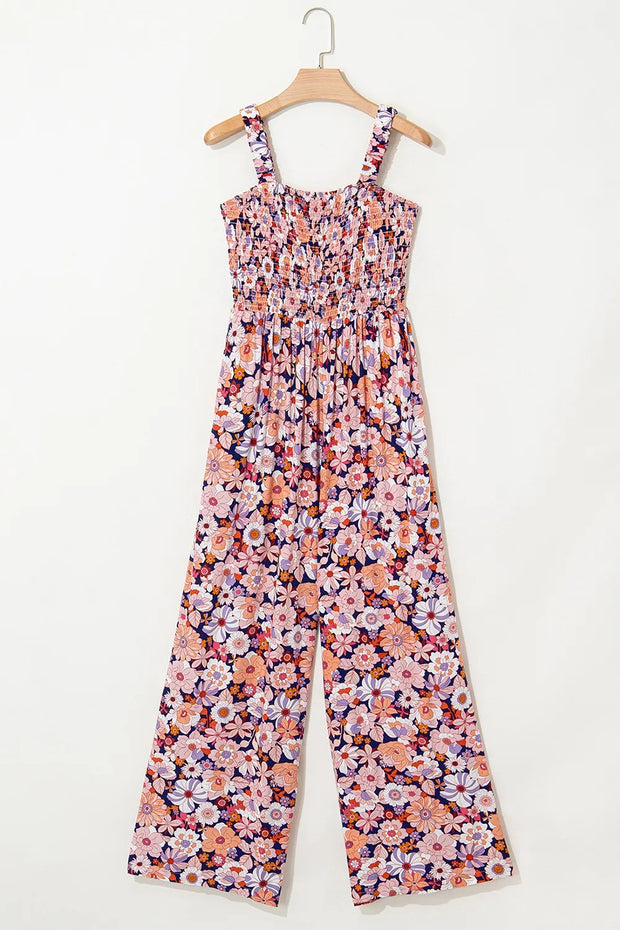 Floral Print Smocked High Waist Square Neck Jumpsuit www.nizzadesign.com