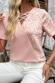 Leopard Jacquard Patchwork Crisscross V Neck Short Sleeve Blouse www.nizzadesign.com