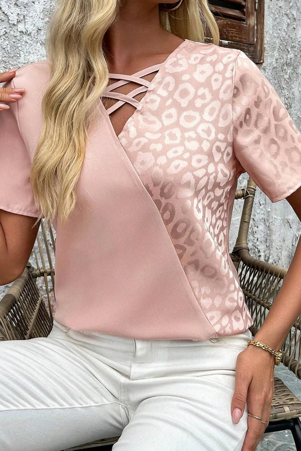 Leopard Jacquard Patchwork Crisscross V Neck Short Sleeve Blouse www.nizzadesign.com