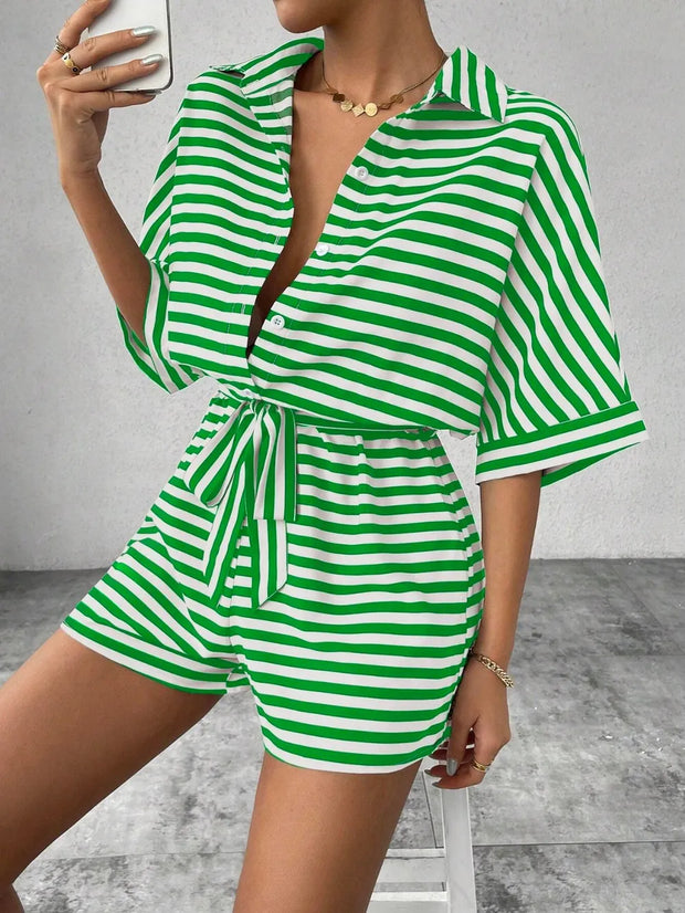 Tie Waist Half Button Striped Romper Green www.nizzadesign.com