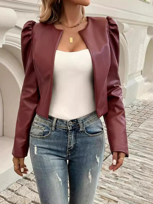 PU Leather Open Front Puff Sleeve Jacket www.nizzadesign.com