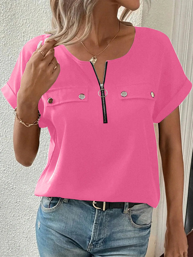 Casual Zipper Front Short Sleeve Blouse www.nizzadesign.com