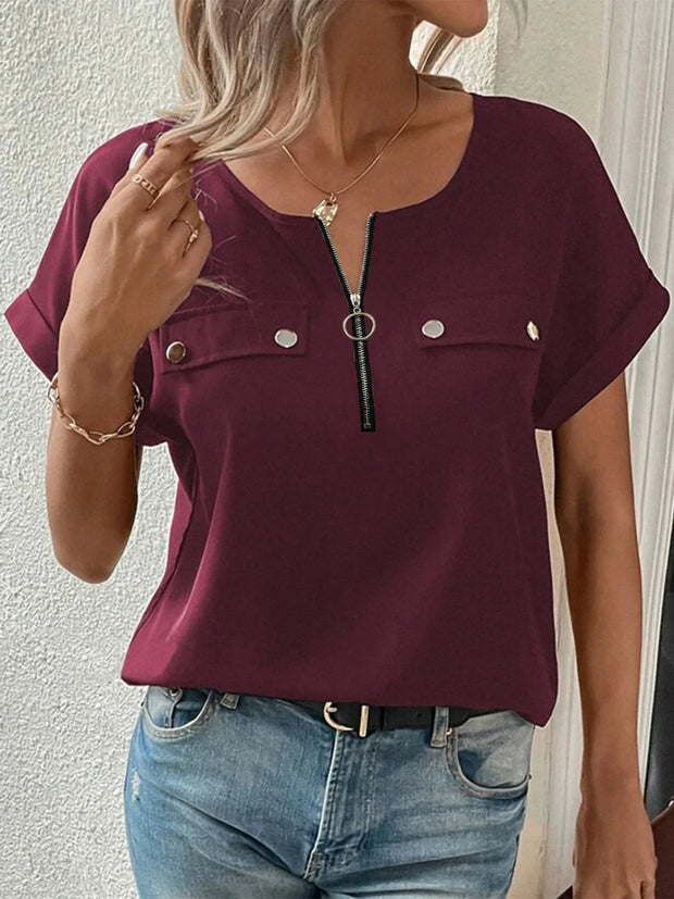 Casual Zipper Front Short Sleeve Blouse Burgundy www.nizzadesign.com