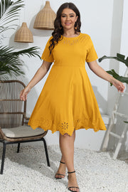 Plus Size Round Neck Openwork Dress Mustard www.nizzadesign.com