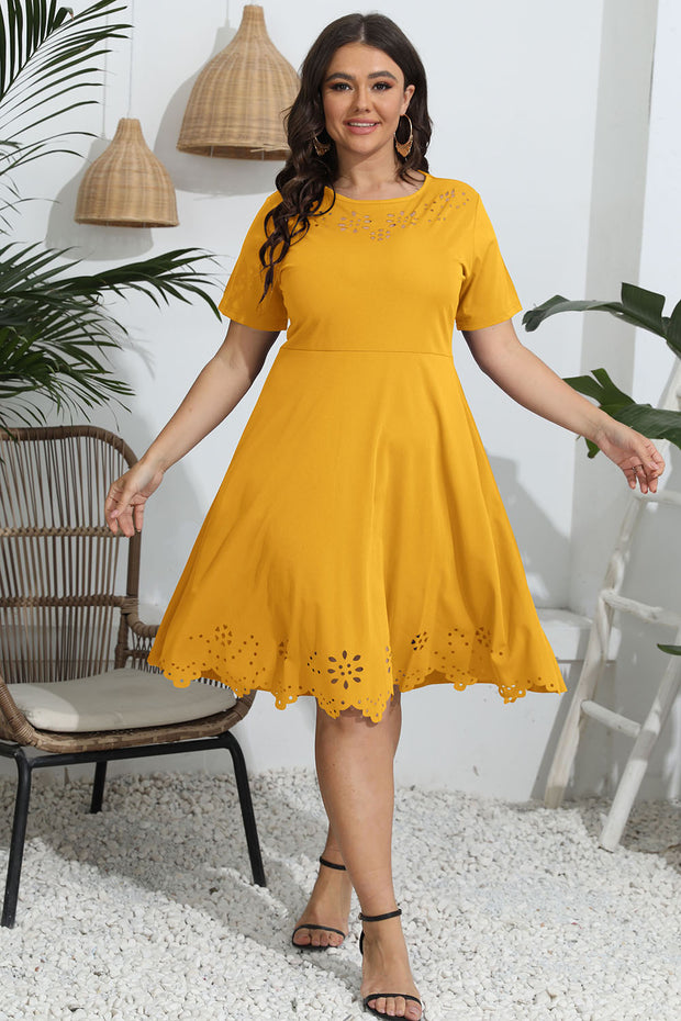 Plus Size Round Neck Openwork Dress Mustard www.nizzadesign.com