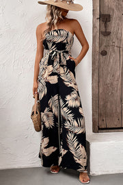 Perfee Printed Strapless Wide Leg Jumpsuit with Pockets Black www.nizzadesign.com