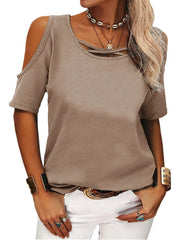 Full Size Crisscross Cold Shoulder Casual T-Shirt Plus Size Khaki www.nizzadesign.com