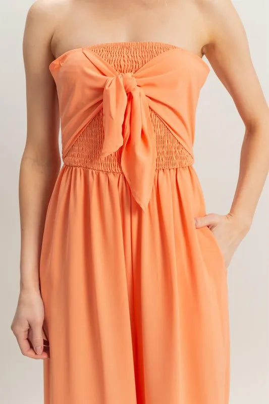 HYFVE Strapless Tie Front Smocked Jumpsuit www.nizzadesign.com