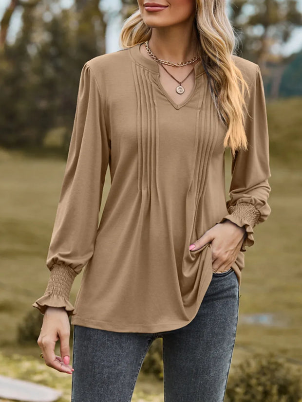 Ruched Notched Long Sleeve T-Shirt www.nizzadesign.com