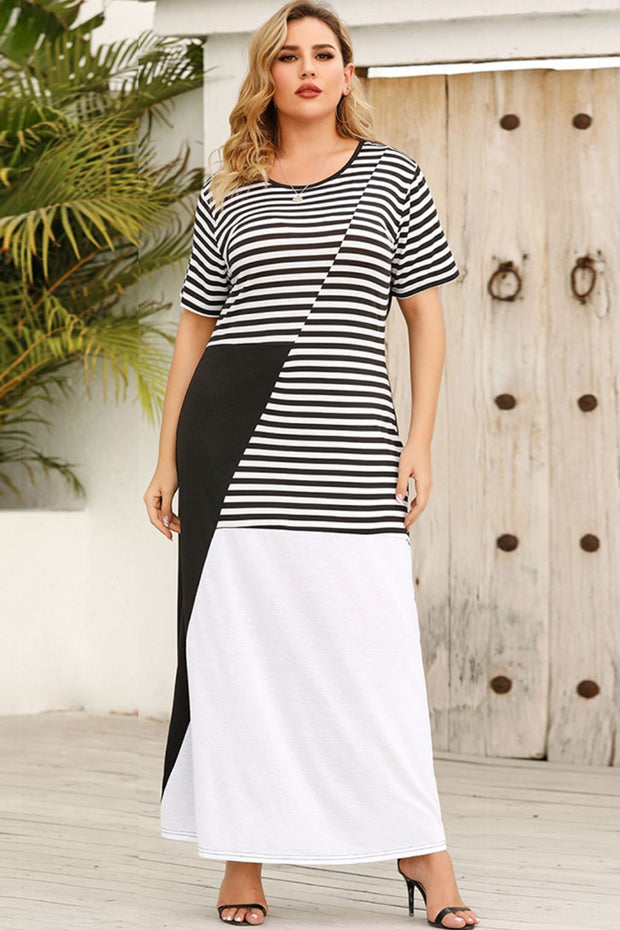 Plus Size Striped Color Block Round Neck Dress Black White www.nizzadesign.com