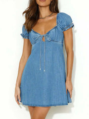 Tied Front Puff Sleeve Denim Dress www.nizzadesign.com