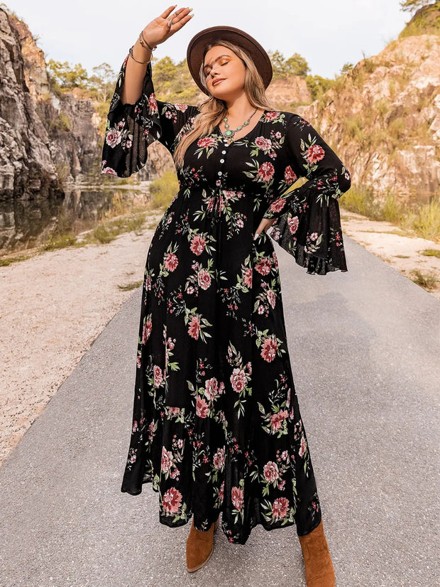 Plus Size Floral Flare Sleeve Dress www.nizzadesign.com