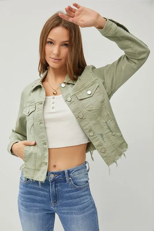 RISEN Full Size Raw Hem Button Up Cropped Denim Jacket Plus Size www.nizzadesign.com