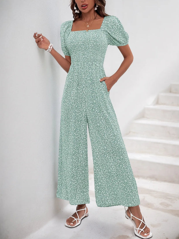 Printed Square Neck Puff Sleeve Jumpsuit www.nizzadesign.com