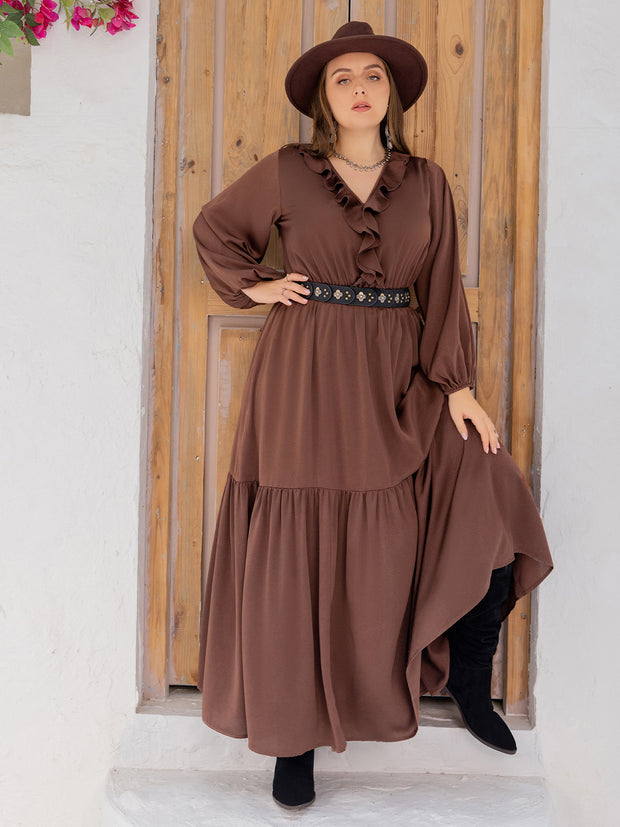 Plus Size V-Neck Ruffle Trim Maxi Dress www.nizzadesign.com
