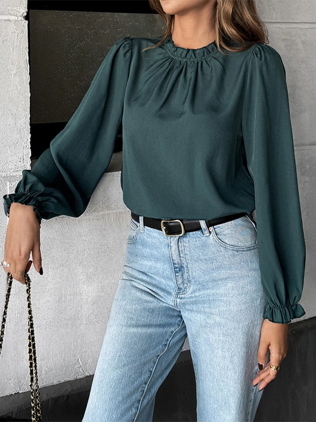 Ruched Round Neck Long Sleeve Blouse www.nizzadesign.com