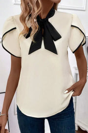 Bow Tie Contrast Short Sleeve Blouse www.nizzadesign.com