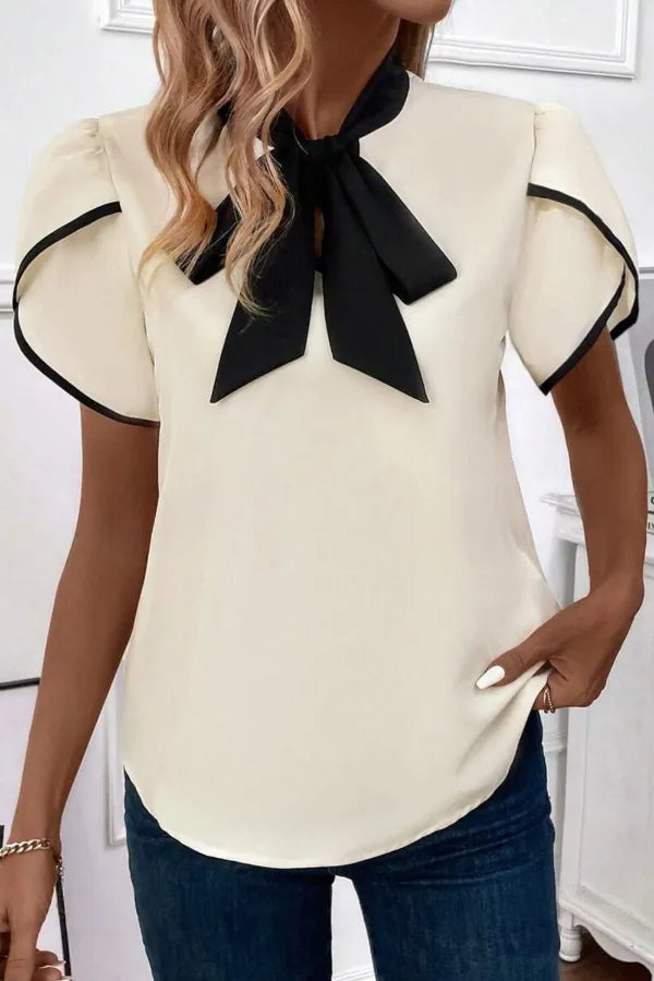 Bow Tie Contrast Short Sleeve Blouse www.nizzadesign.com