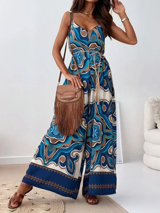 Printed V-Neck Wide Leg Jumpsuit www.nizzadesign.com