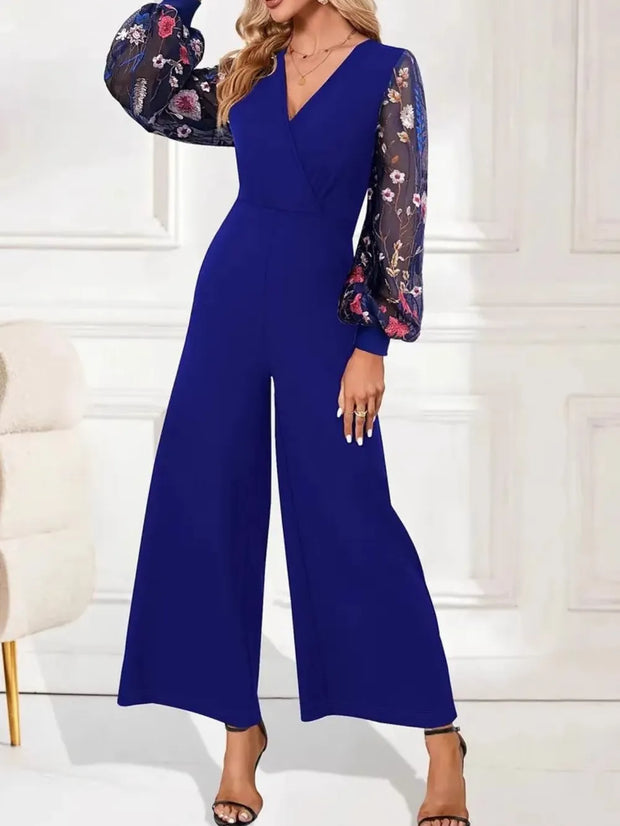 Surplice Embroidered Long Sleeve Wide Leg Jumpsuit www.nizzadesign.com