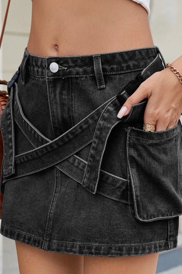 Criss-Cross Waist Detail Denim Mini Skirt www.nizzadesign.com