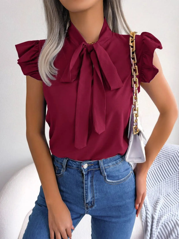 Ruffle Cap Sleeve Bow Tie Blouse www.nizzadesign.com