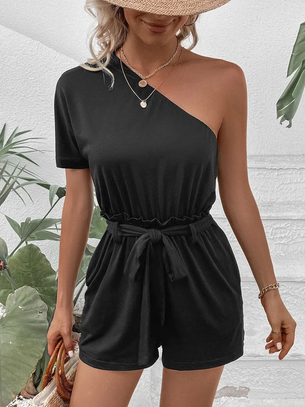 Perfee Single Shoulder Tie Waist Romper www.nizzadesign.com