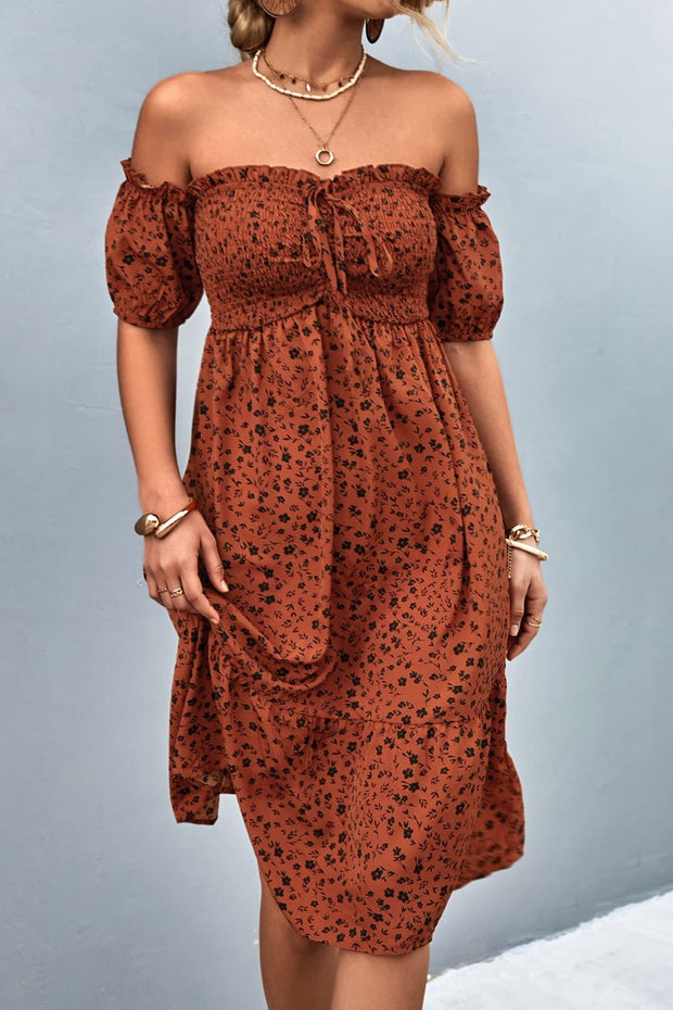 Ditsy Floral Smocked Frill Trim Off-Shoulder Dress Brown www.nizzadesign.com