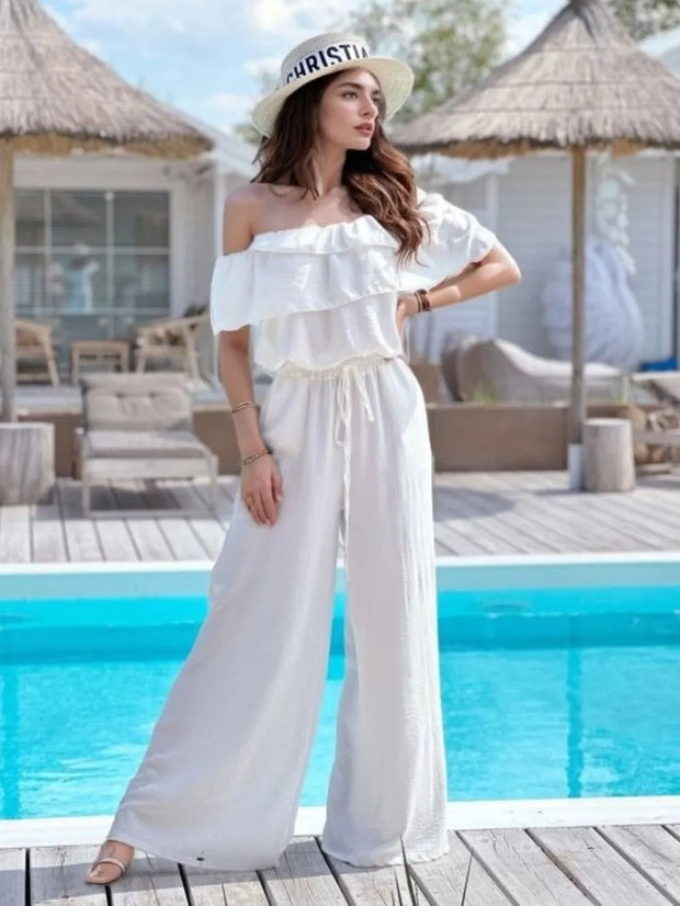 Ruffled Off Shoulder Wide Leg Jumpsuit White www.nizzadesign.com