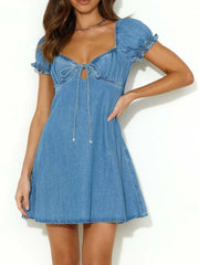 Tied Front Puff Sleeve Denim Dress www.nizzadesign.com