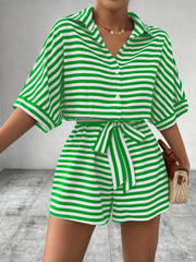 Tie Waist Half Button Striped Romper www.nizzadesign.com